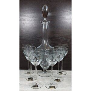 Toscany Decanter With 6 Snifter Glasses Hand Blown Etched Clipper Ship Vintage